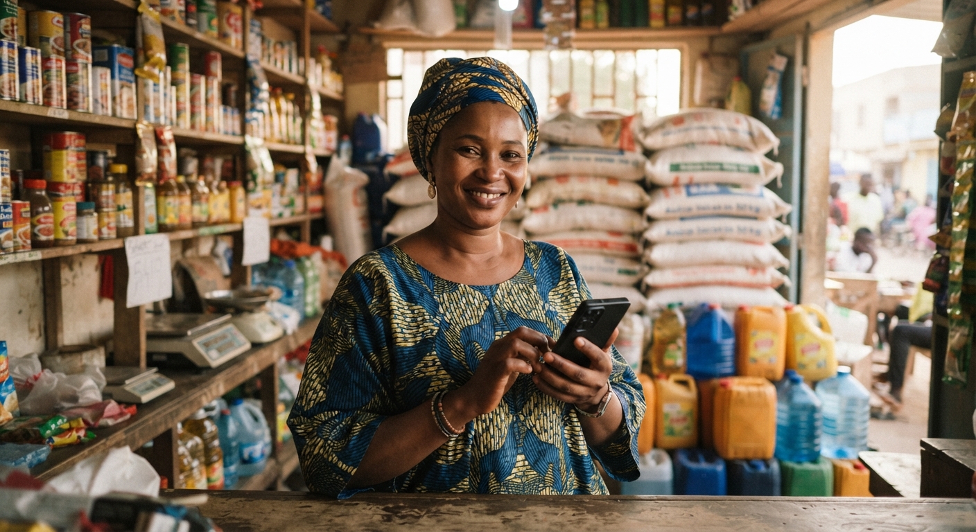 Commerçante dans sa boutique d alimentation, smartphone à la main
