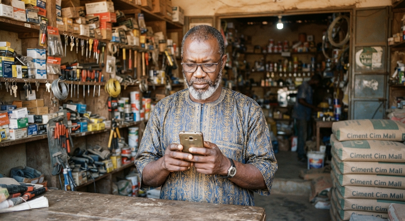 Quincaillier consultant son téléphone dans son magasin de matériaux